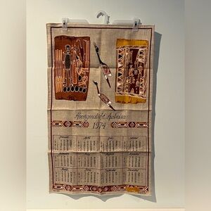 Vintage Aboriginal Art 1974 Calendar Tea Towel in Brown and Tan Pure Linen